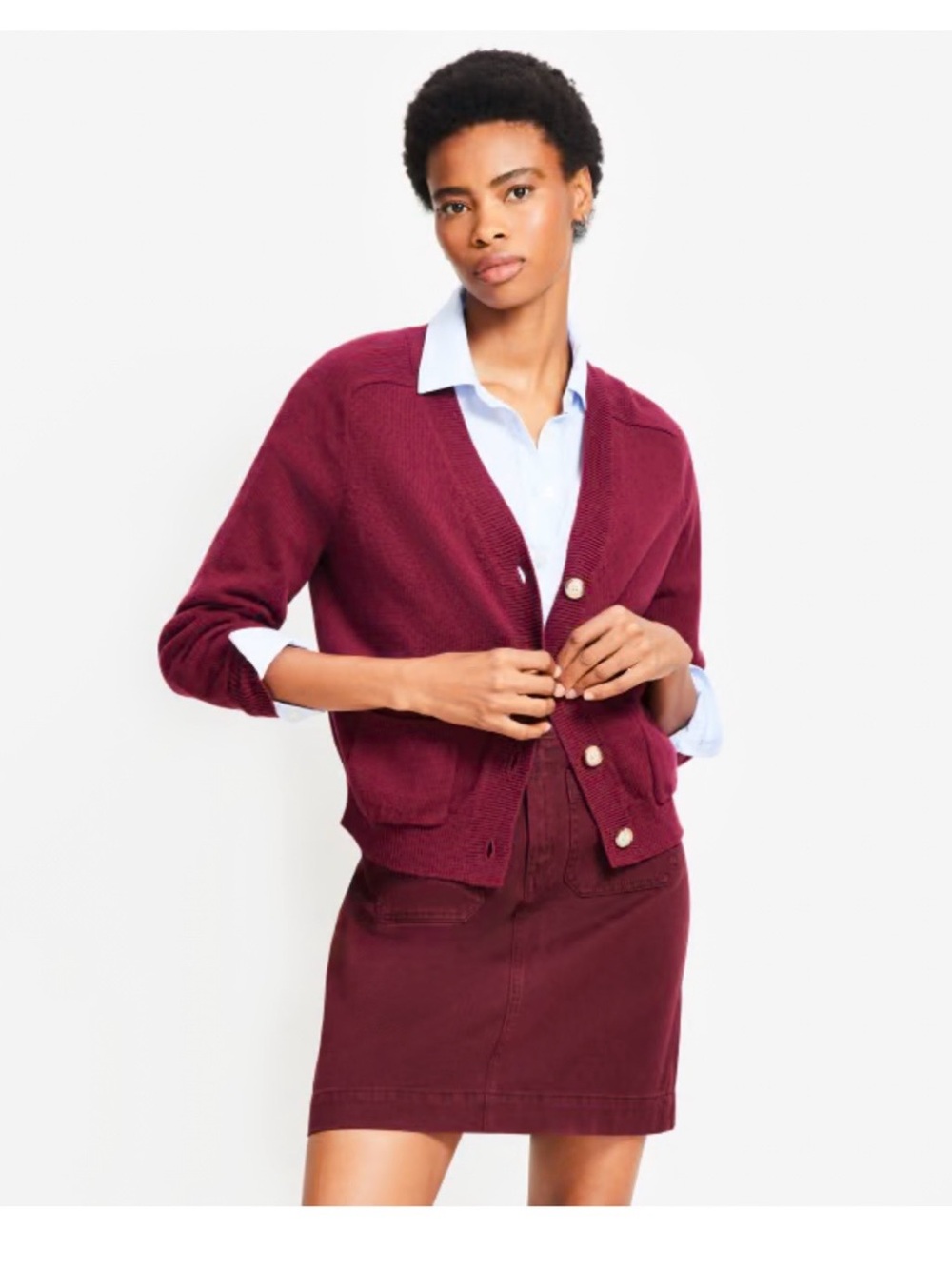 LOFT V-neck Pocket Cardigan Large Petite Smoked Garnet